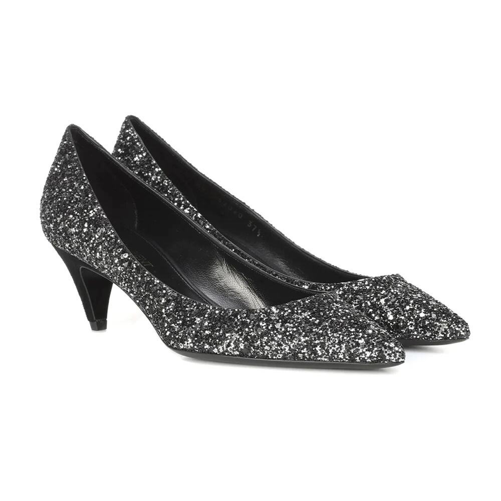 Saint‎ Laurent Charlotte 55mm Glitter Kitten Pumps in Black - Size 37